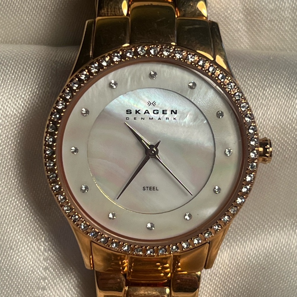 Skagen Gold -Toned, Mother of Pearl, and Crystal Women’s Watch